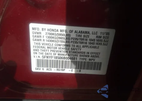 2006 Honda Pilot Ex-L from USA, damaged, VIN 5FNYF18506B004681